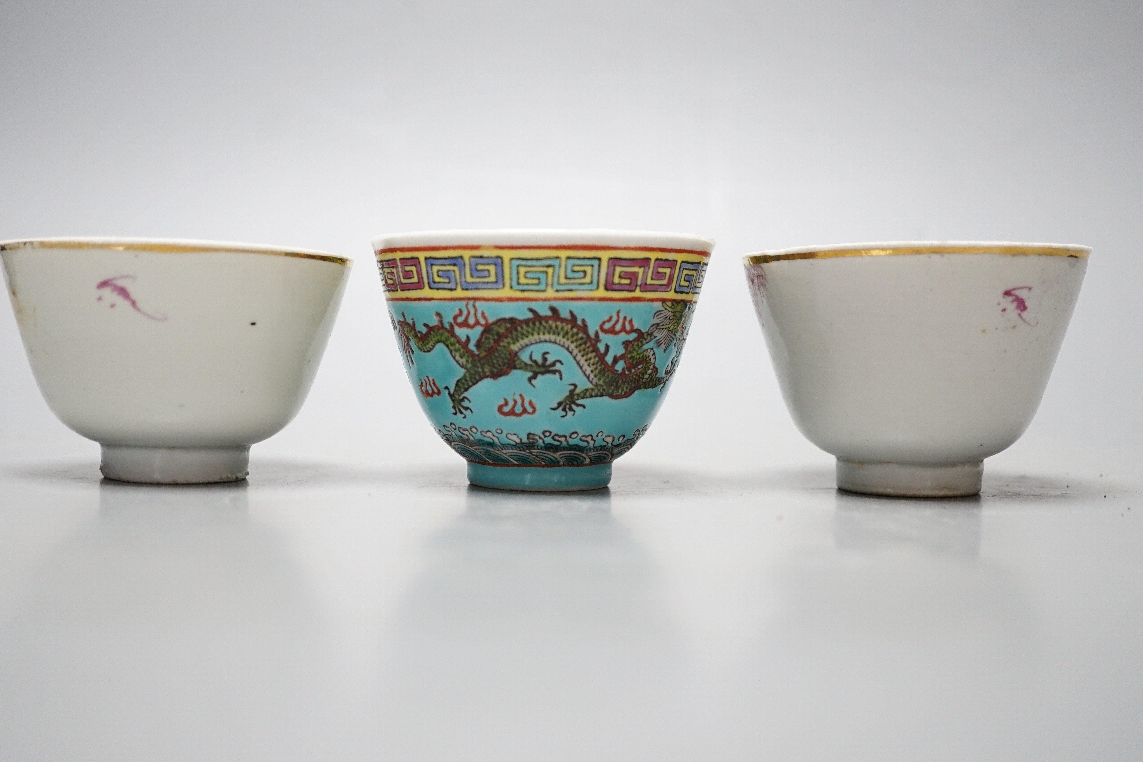 Three Chinese Republic enamelled porcelain cups, Seven. 5 cm diameter